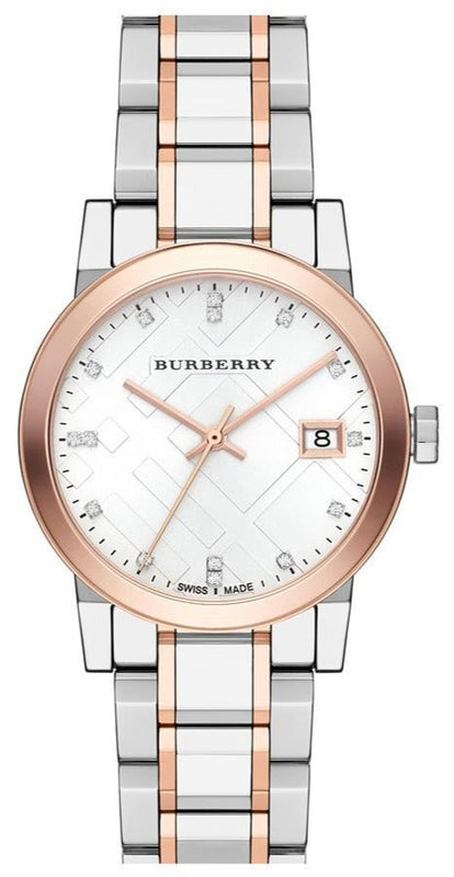  Shop Authentic Burberry The City Diamonds White Dial Two Tone Steel Strap Watch for Women - BU9127 - Luxxuri