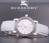  Shop Authentic Burberry The City Diamonds Silver Dial White Leather Strap Watch for Women - BU9221 - Luxxuri
