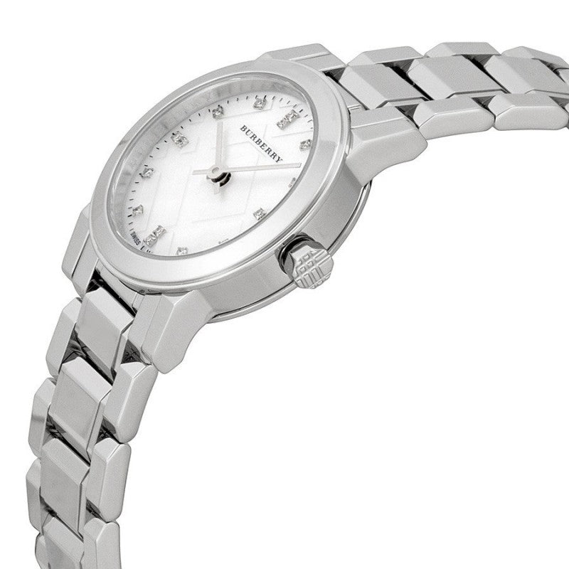  Shop Authentic Burberry The City Diamonds Mother of Pearl Dial Silver Steel Strap Watch for Women - BU9224 - Luxxuri