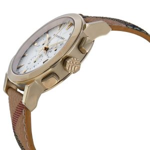  Shop Authentic Burberry The City White Dial Haymarket Beige Leather Strap Watch for Women - BU9752 - Luxxuri