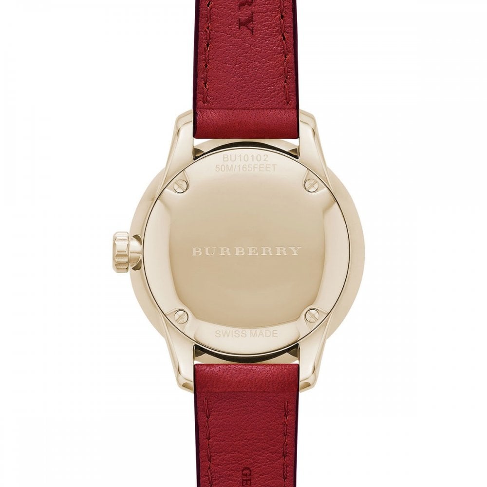  Shop Authentic Burberry The Classic Gold Dial Red Leather Strap Watch for Women - BU10102 - Luxxuri