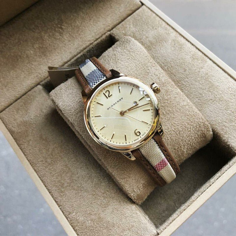  Shop Authentic Burberry The Classic Gold Dial Brown Leather Strap Watch for Women - BU10114 - Luxxuri