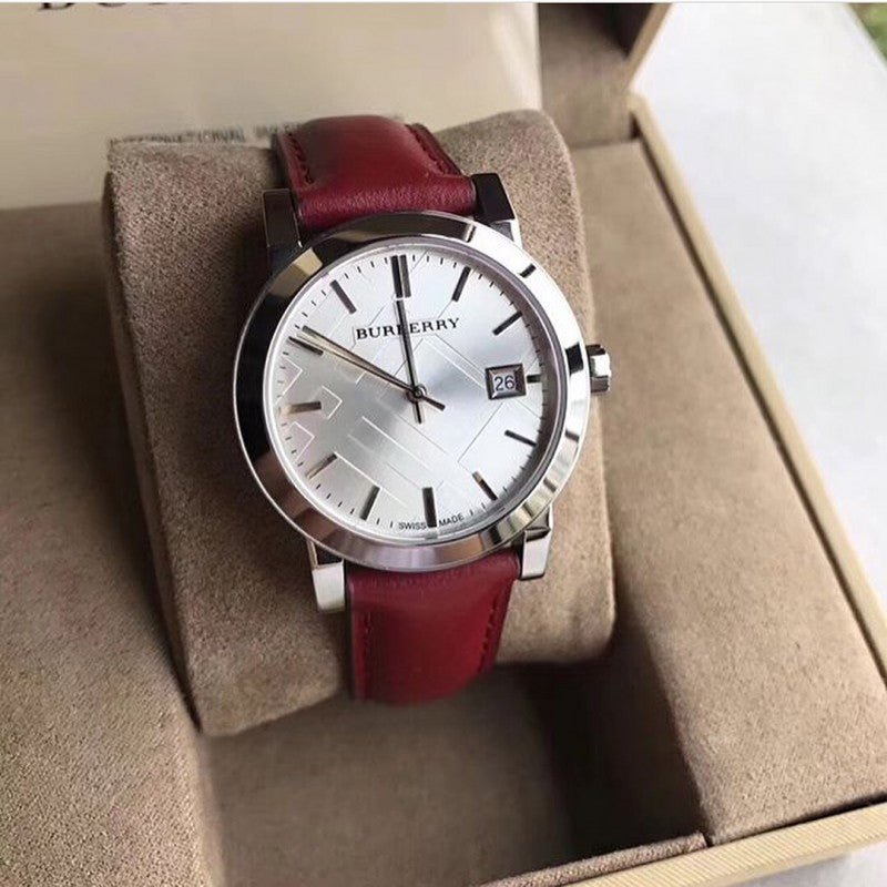  Shop Authentic Burberry The City Silver Dial Red Leather Strap Watch for Women - BU9129 - Luxxuri