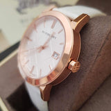  Shop Authentic Burberry The City White Dial White Leather Strap Watch for Women - BU9012 - Luxxuri