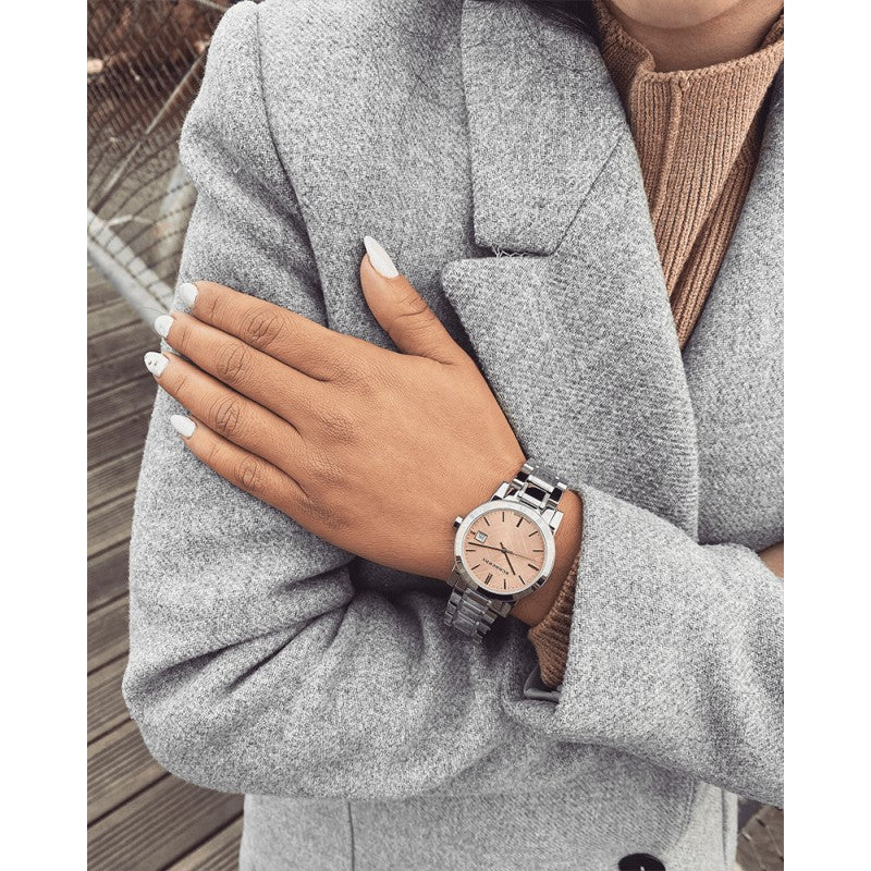  Shop Authentic Burberry The City Pink Dial Silver Steel Strap Watch for Women - BU9124 - Luxxuri