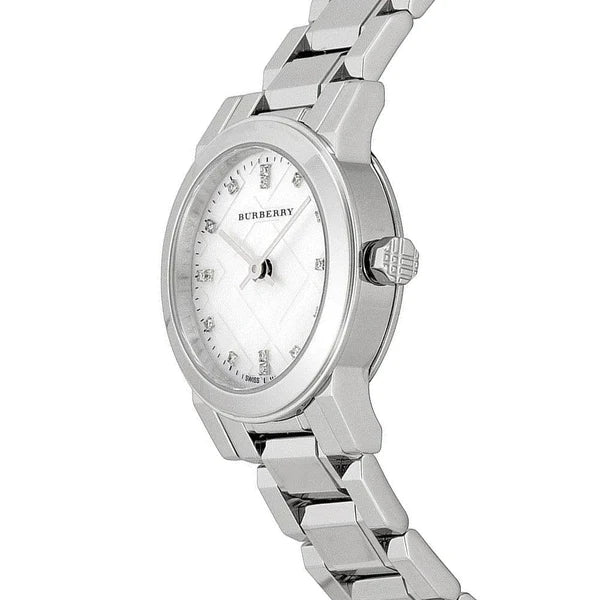  Shop Authentic Burberry The City Diamonds Mother of Pearl Dial Silver Steel Strap Watch for Women - BU9224 - Luxxuri