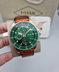 Fossil Dillinger Luggage Chronograph Green Dial Brown Leather Strap Watch for Men - FS5734