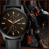  Shop Authentic Fossil Goodwin Chronograph Black Dial Black Leather Strap Watch for Men - FS5585 - Luxxuri