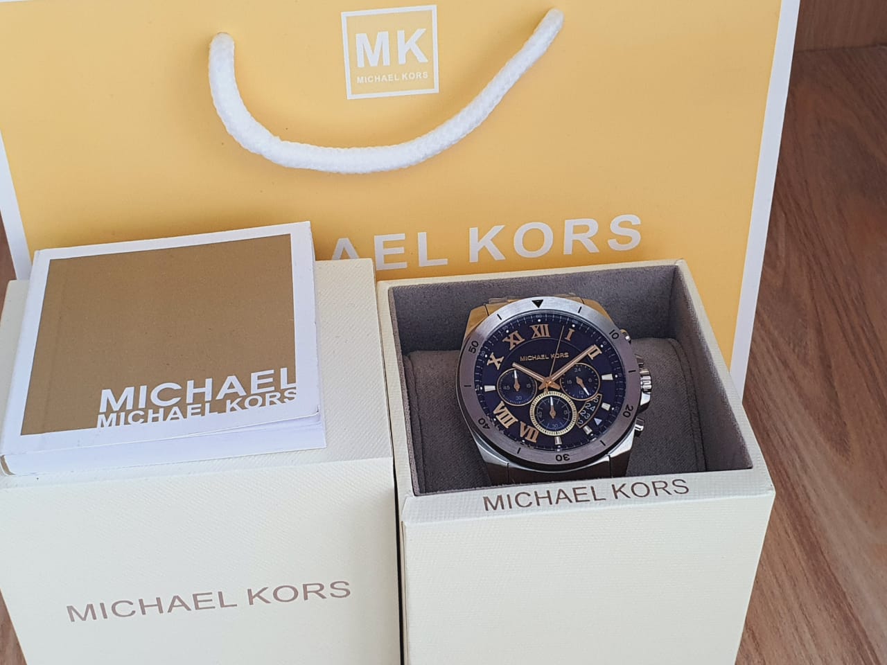  Shop Authentic Michael Kors Brecken Chronograph Blue Dial Two Tone Steel Strap Watch For Men - MK8437 - Luxxuri