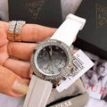 Guess Confetti Crystal Black Dial White Silicone Strap Watch For Women - W1098L1