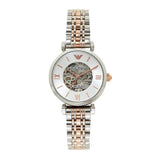  Shop Authentic Emporio Armani Gianni T Bar Silver Skeleton Dial Two Tone Strap Watch For Women - AR1992 - Luxxuri
