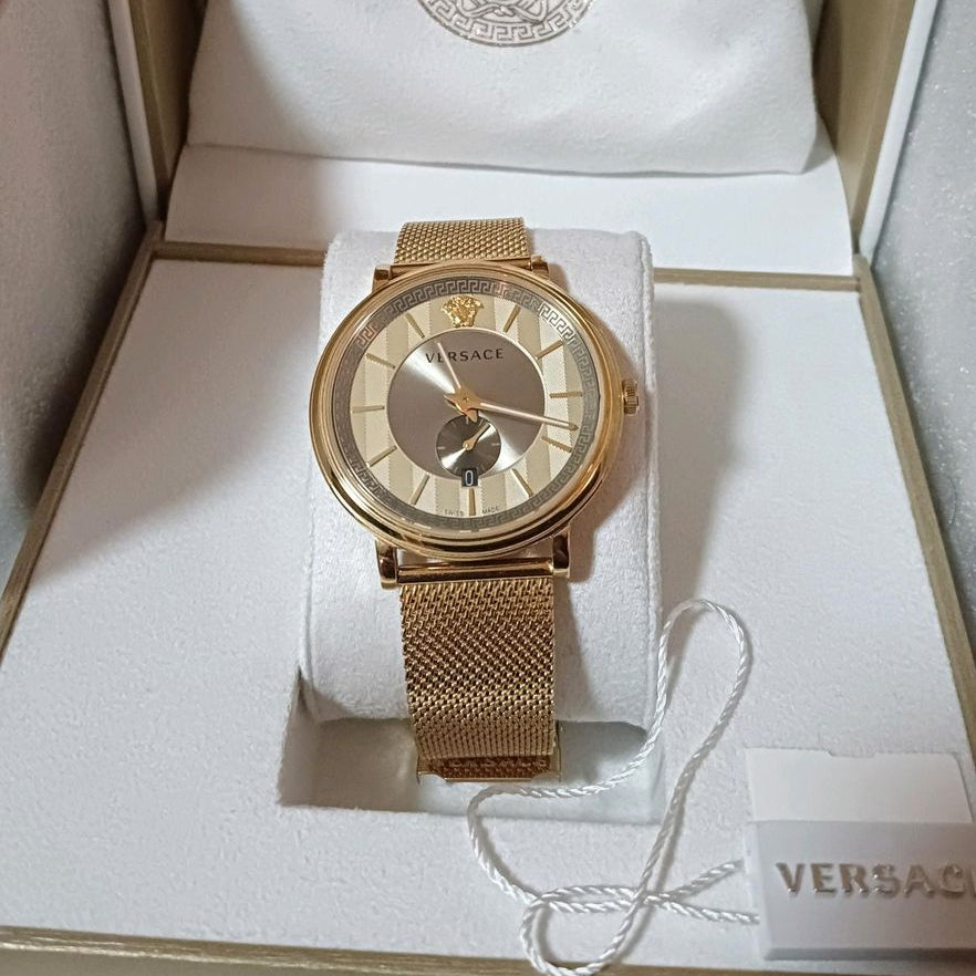  Shop Authentic Versace V Circle Quartz Gold Dial Gold Mesh Bracelet Watch For Men - VBQ070017 - Luxxuri