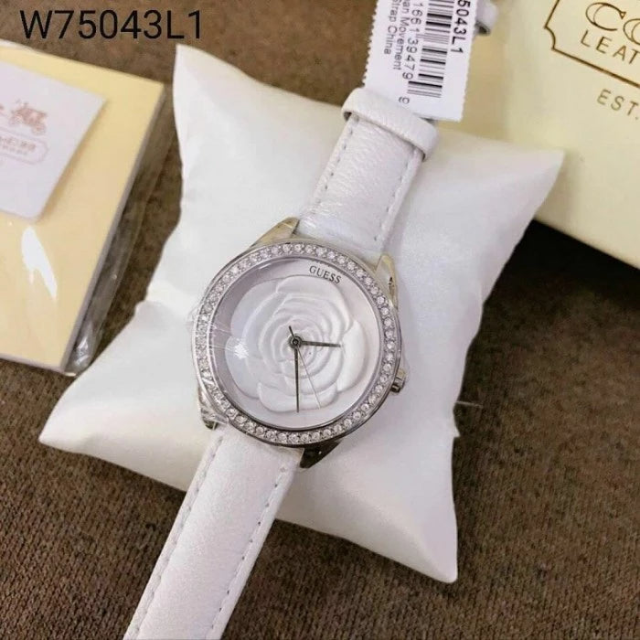  Shop Authentic Guess Rosette Analog White Dial White Leather Strap Watch For Women - W75043L1 - Luxxuri