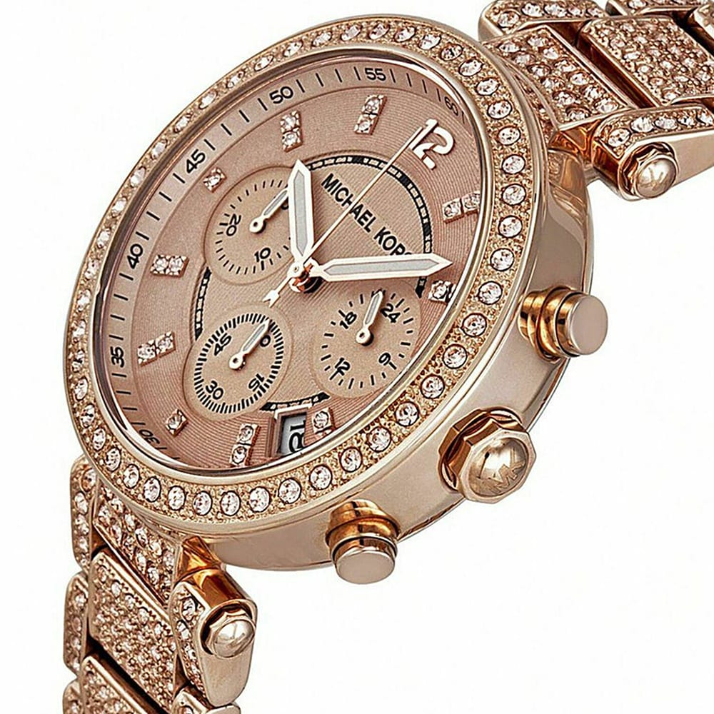 Michael Kors Uptown Glam Parker Chronograph Rose Gold Dial Steel Strap Watch for Women - MK5663