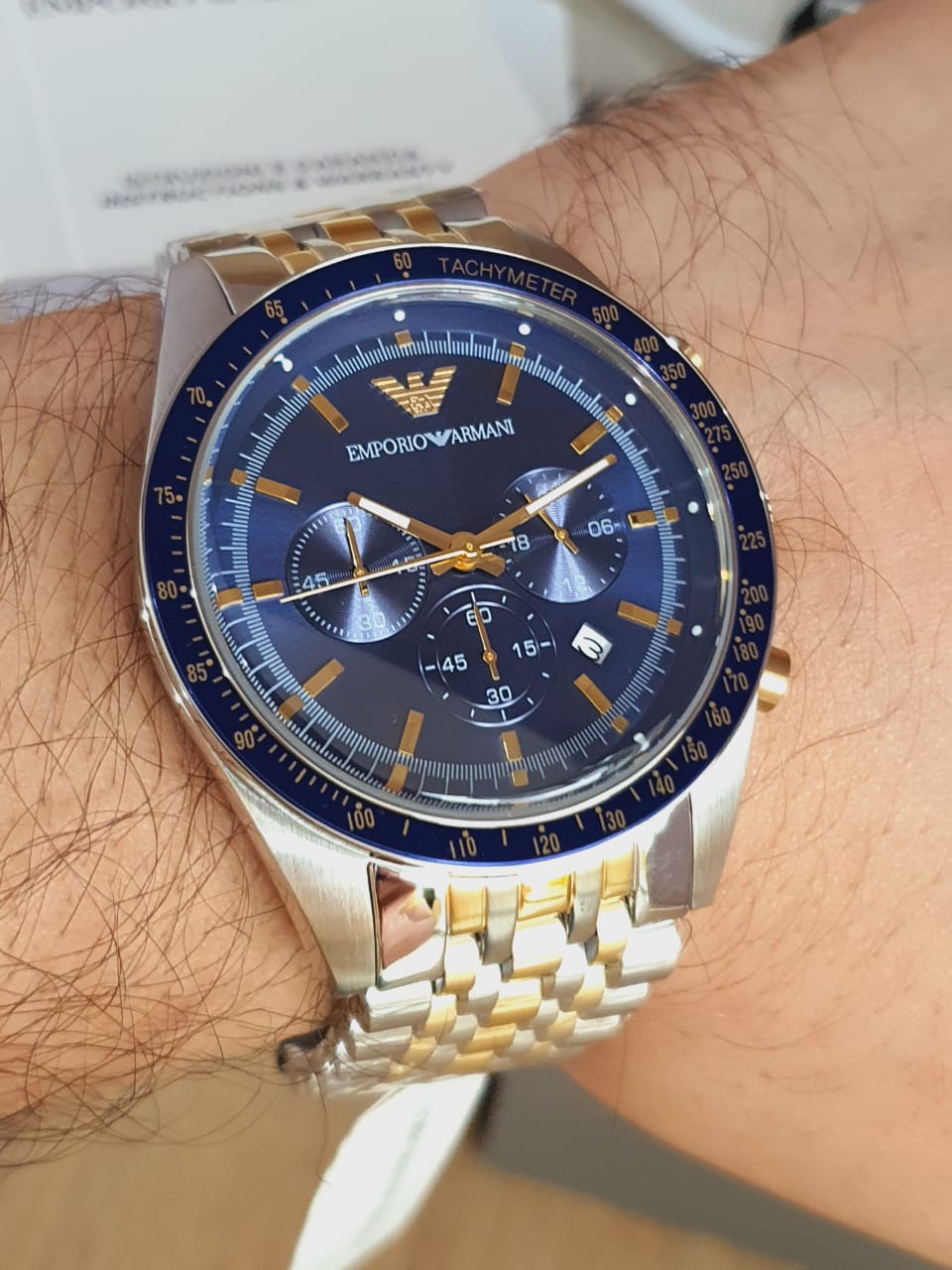  Shop Authentic Emporio Armani Tazio Chronograph Blue Dial Two Tone Stainless Steel Watch For Men - AR6088 - Luxxuri