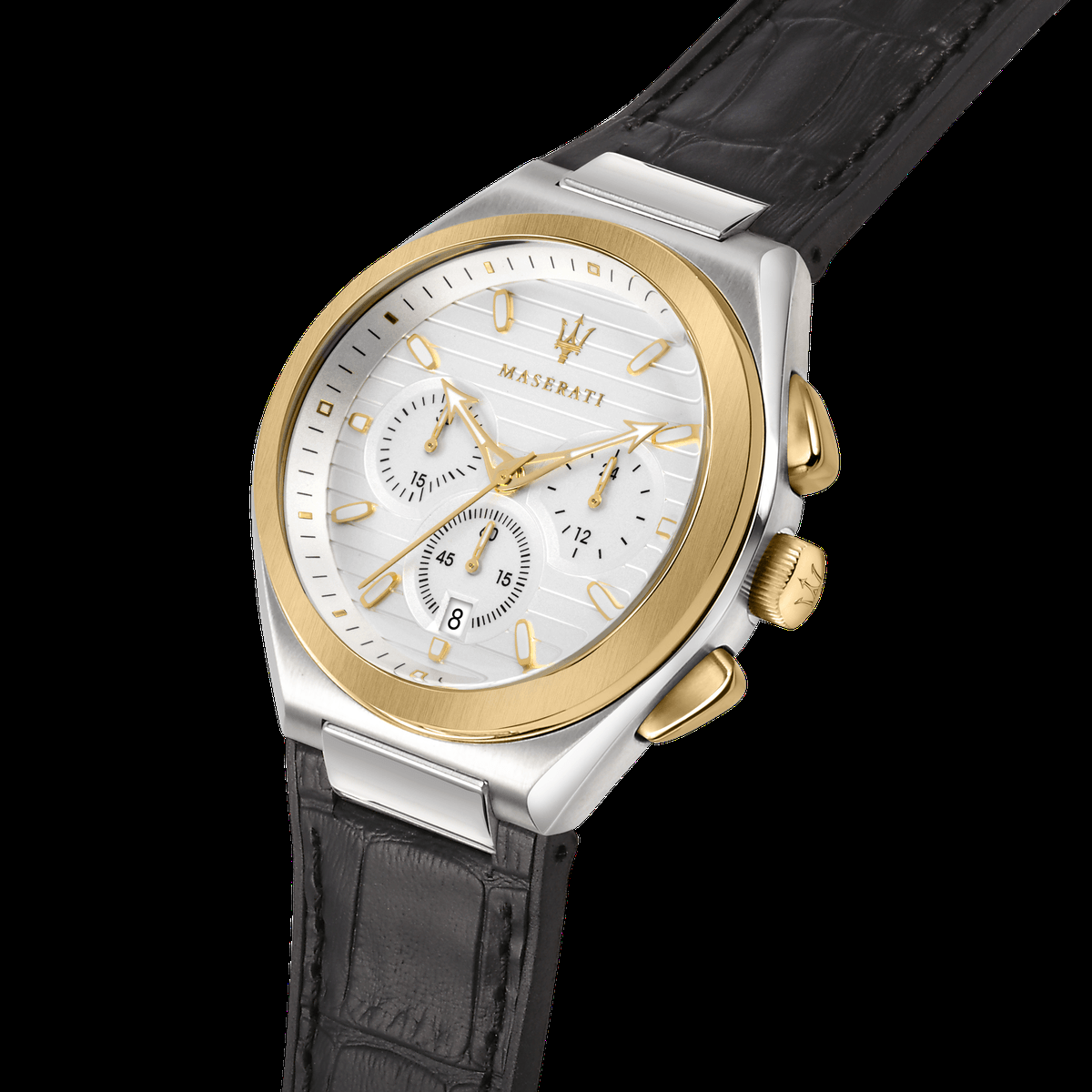 Maserati Triconic Chronograph White Dial Black Leather Strap Watch For Men - R8871639004