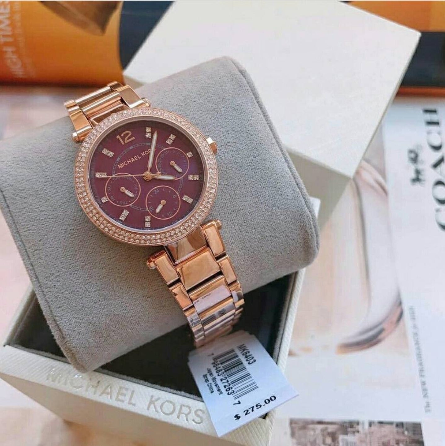  Shop Authentic Michael Kors Mini Parker Multi-Function Plum Mother of Pearl Dial Rose Gold Steel Strap Watch For Women - MK6403 - Luxxuri