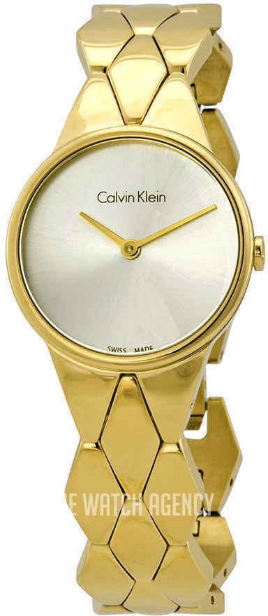  Shop Authentic Calvin Klein Snake Silver Dial Yellow Gold Steel Strap Watch For Women - K6E23546 - Luxxuri