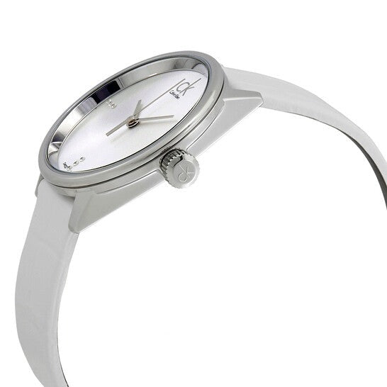  Shop Authentic Calvin Klein Accent Silver Dial White Leather Strap Watch for Women - K2Y2Y1KW - Luxxuri