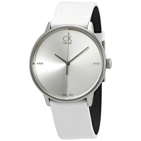  Shop Authentic Calvin Klein Accent Silver Dial White Leather Strap Watch for Women - K2Y2Y1KW - Luxxuri