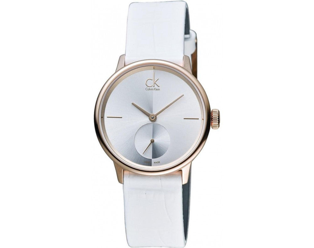  Shop Authentic Calvin Klein Accent Silver Dial White Leather Strap Watch for Women - K2Y236K6 - Luxxuri