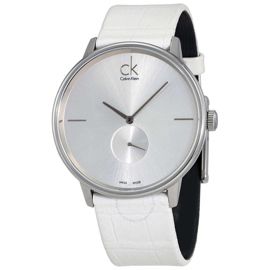  Shop Authentic Calvin Klein Accent Silver Dial White Leather Strap Watch for Women - K2Y211K6 - Luxxuri