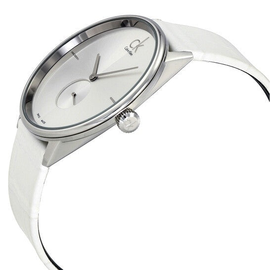  Shop Authentic Calvin Klein Accent Silver Dial White Leather Strap Watch for Women - K2Y211K6 - Luxxuri