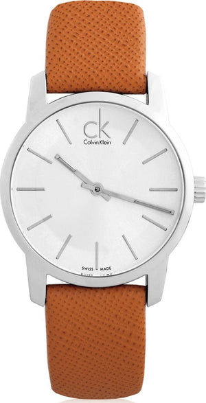  Shop Authentic Calvin Klein City Silver Dial Light Brown Leather Strap Watch For Women- K2G23120 - Luxxuri