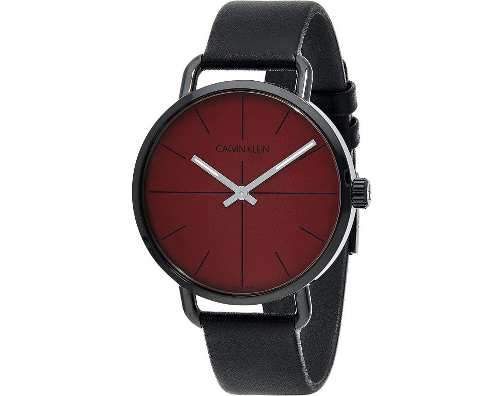  Shop Authentic Calvin Klein Even Maroon Dial Black Leather Strap Watch for Men - K7B214CP - Luxxuri