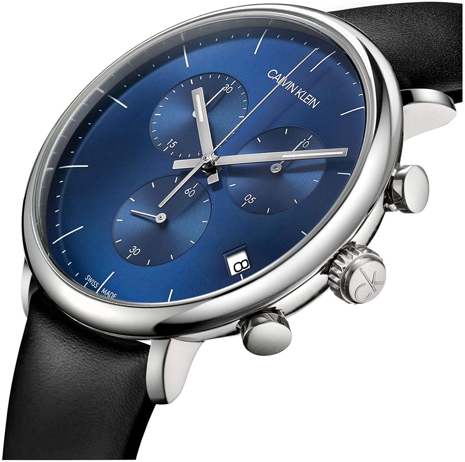 Shop Authentic Calvin Klein High Noon Chronograph Blue Dial Black Leather Strap Watch for Men - K8M271CN - Luxxuri