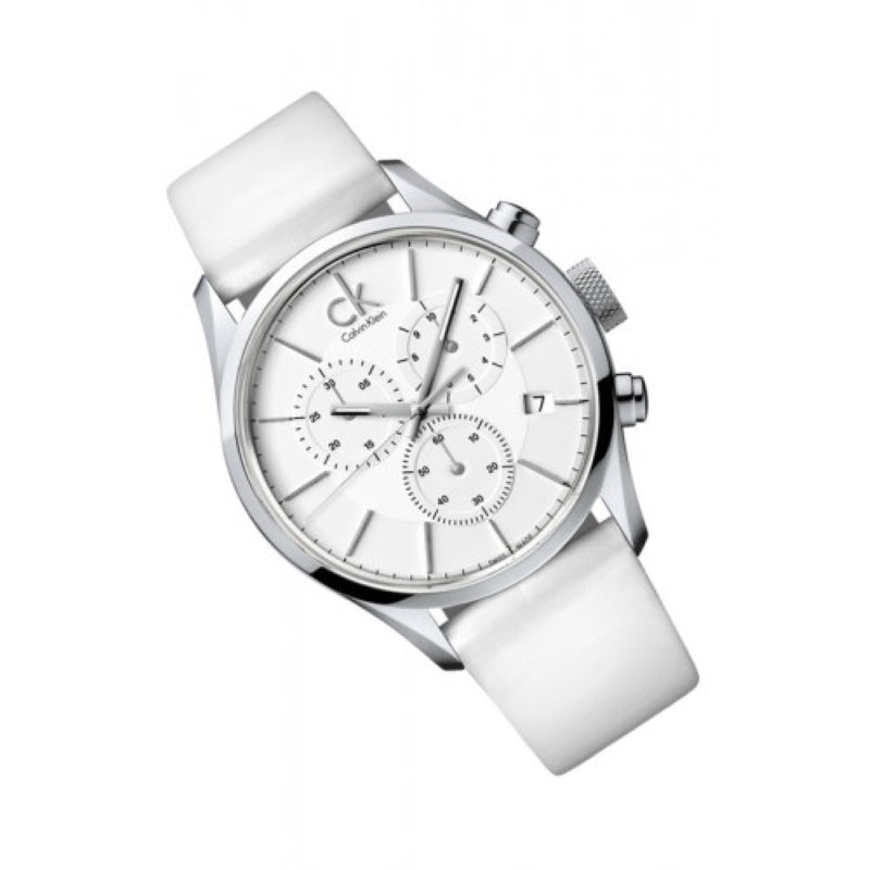  Shop Authentic Calvin Klein Masculine Chronograph White Dial White Leather Strap Watch for Men - K2H27101 - Luxxuri