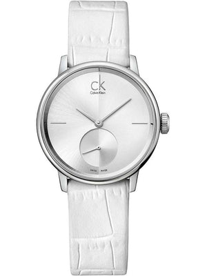  Shop Authentic Calvin Klein Accent Silver Dial White Leather Strap Watch for Women - K2Y231K6 - Luxxuri