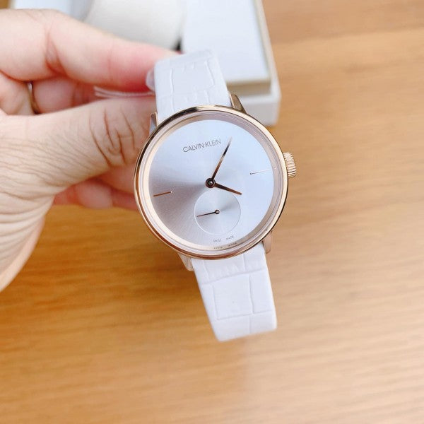  Shop Authentic Calvin Klein Accent Silver Dial White Leather Strap Watch for Women - K2Y236K6 - Luxxuri