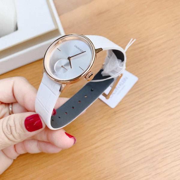  Shop Authentic Calvin Klein Accent Silver Dial White Leather Strap Watch for Women - K2Y236K6 - Luxxuri
