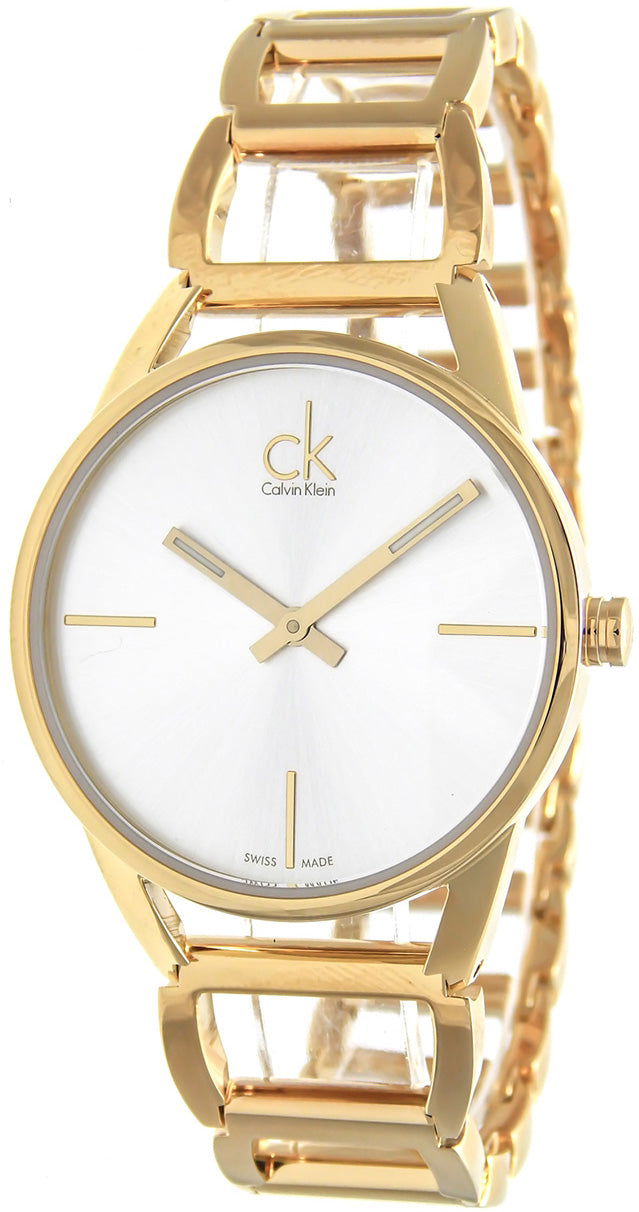  Shop Authentic Calvin Klein Stately Silver Dial Gold Steel Strap Watch for Women - K3G23526 - Luxxuri