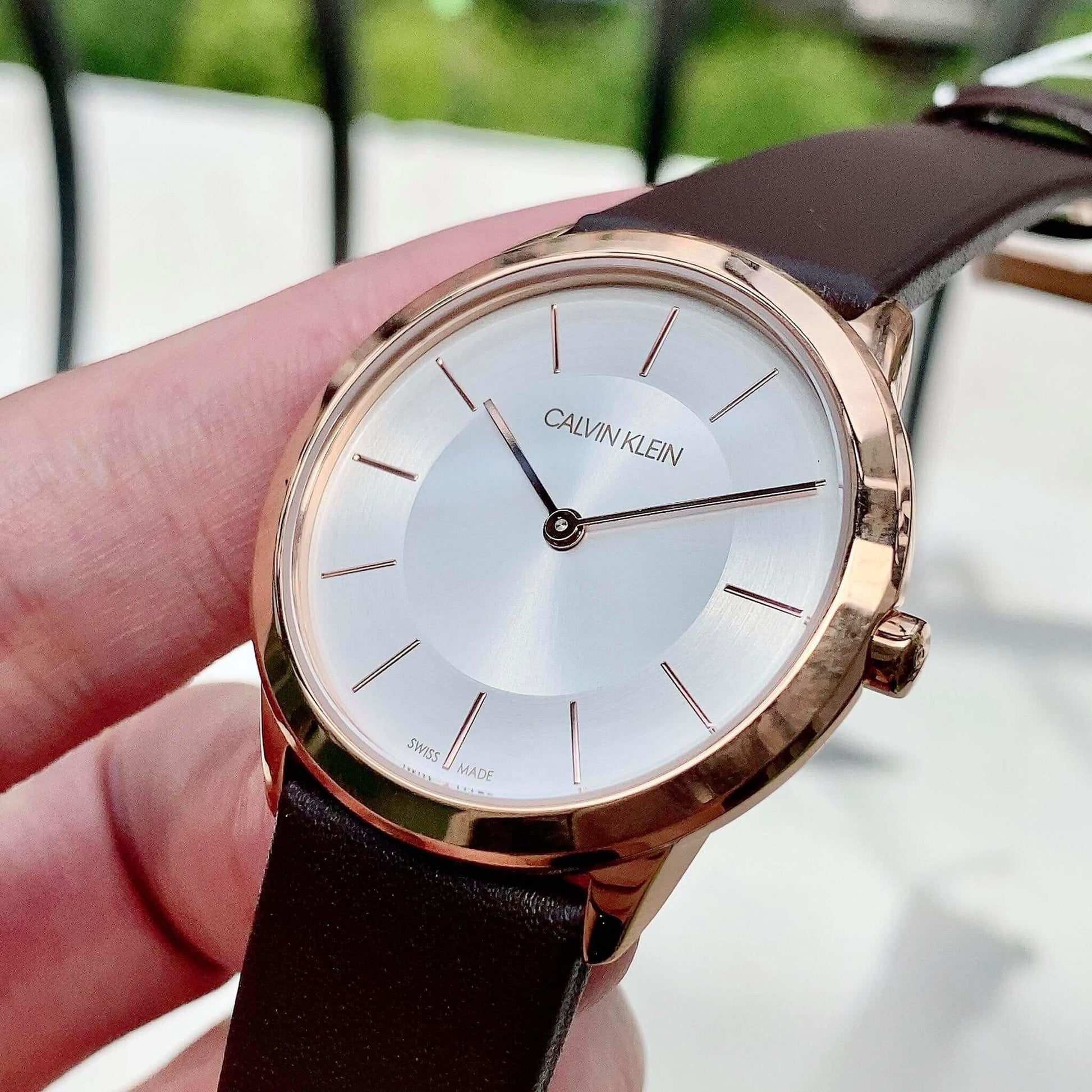  Shop Authentic Calvin Klein Minimal White Dial Brown Leather Strap Watch for Women - K3M226G6 - Luxxuri