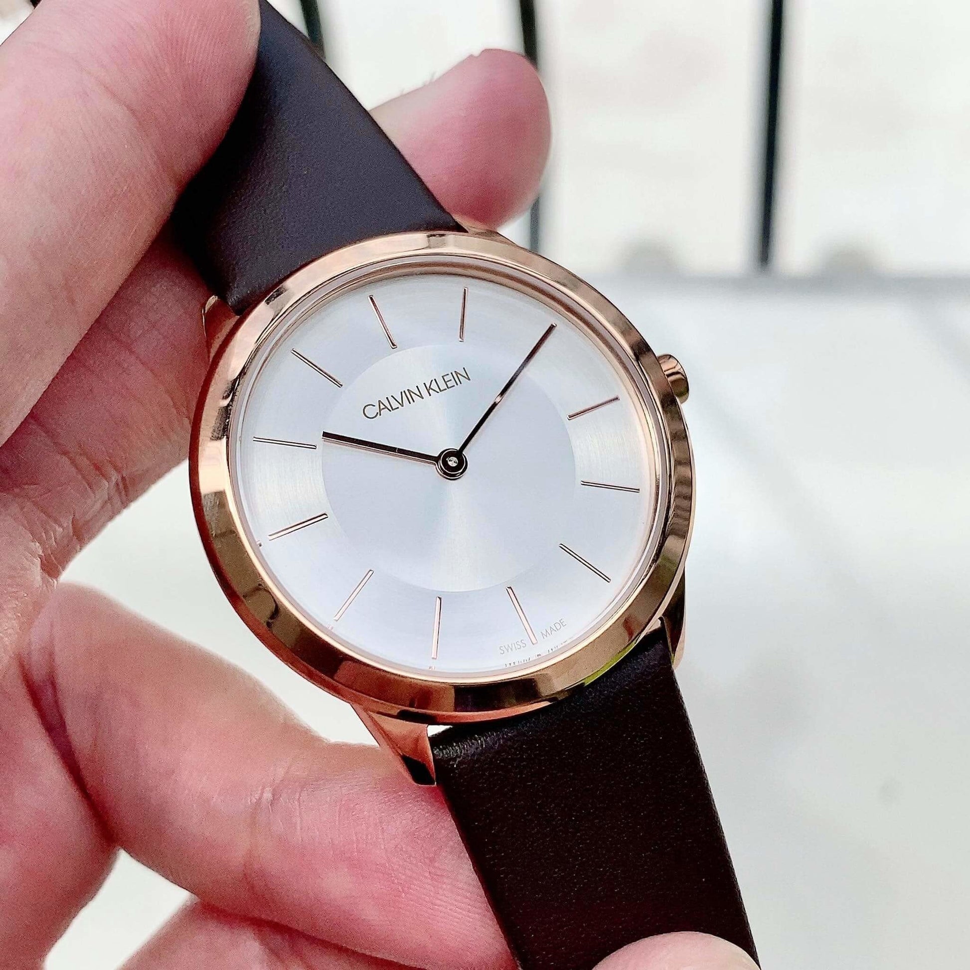  Shop Authentic Calvin Klein Minimal White Dial Brown Leather Strap Watch for Women - K3M226G6 - Luxxuri