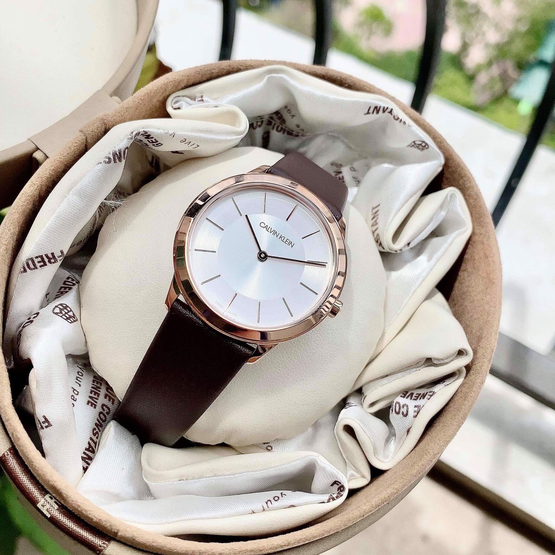  Shop Authentic Calvin Klein Minimal White Dial Brown Leather Strap Watch for Women - K3M226G6 - Luxxuri