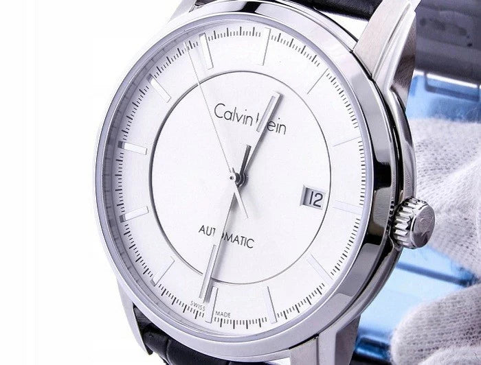  Shop Authentic Calvin Klein Infinity Silver Dial Black Leather Strap Watch for Men - K5S341C6 - Luxxuri
