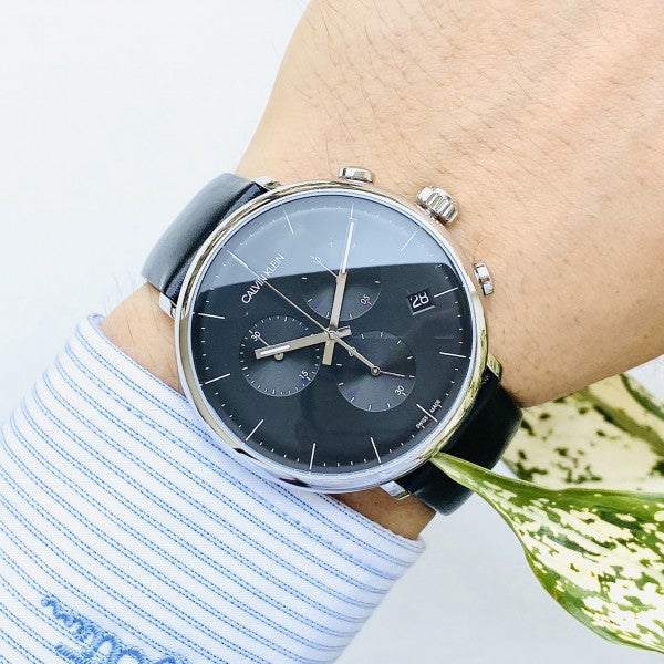  Shop Authentic Calvin Klein High Noon Chronograph Black Dial Black Leather Strap Watch for Men - K8M271C1 - Luxxuri