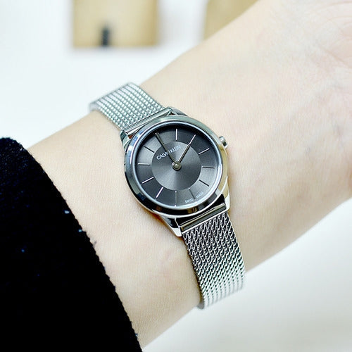  Shop Authentic Calvin Klein Minimal Grey Dial Silver Mesh Bracelet Watch for Women - K3M23124 - Luxxuri