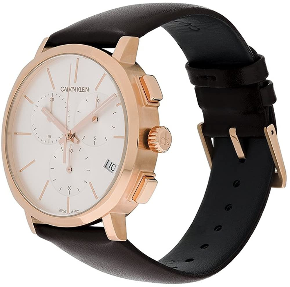  Shop Authentic Calvin Klein Posh Chronograph White Dial Brown Leather Strap Watch for Men - K8Q376G6 - Luxxuri