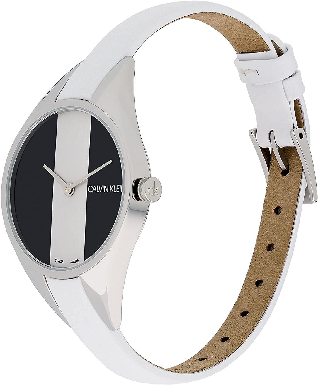  Shop Authentic Calvin Klein Rebel White Black Dial White Leather Strap Watch for Women - K8P231L1 - Luxxuri