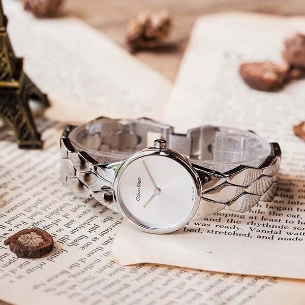  Shop Authentic Calvin Klein Snake Silver Dial Silver Steel Strap Watch For Women - K6E23146 - Luxxuri