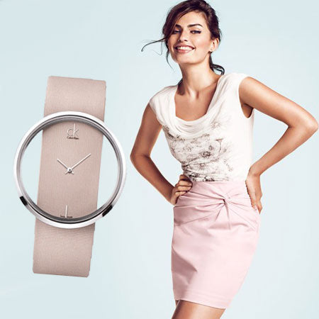  Shop Authentic Calvin Klein Glam Transparent Dial Beige Leather Strap Watch for Women - K9423162 - Luxxuri