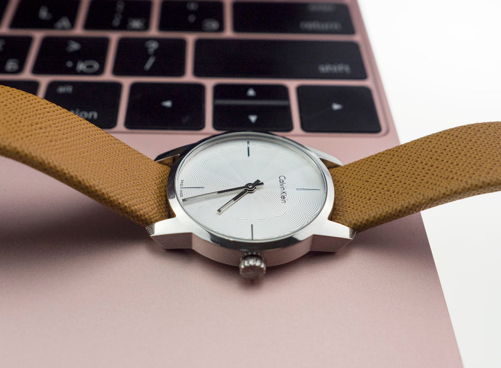  Shop Authentic Calvin Klein City Silver Dial Orange Leather Strap Watch for Women - K2G231G6 - Luxxuri