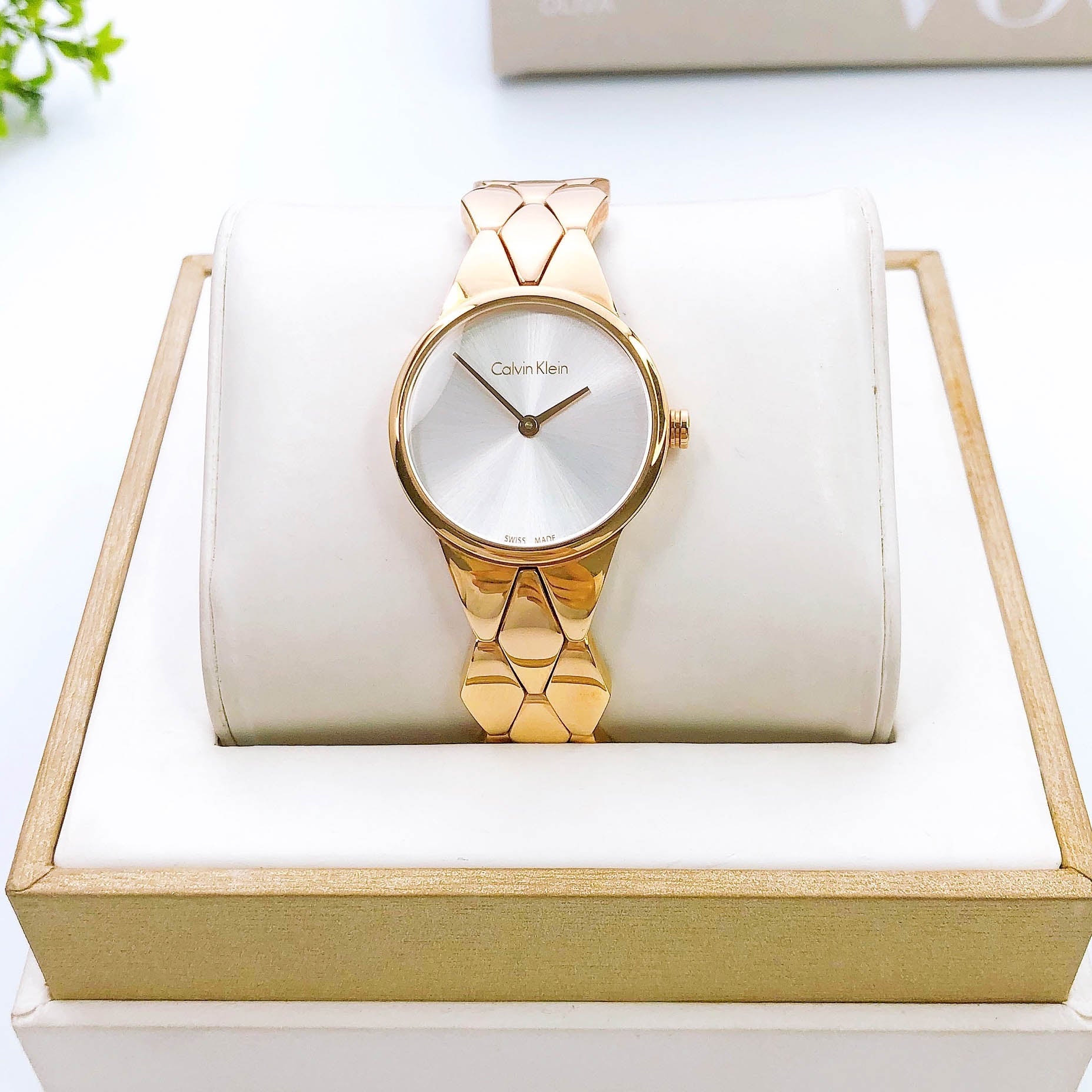  Shop Authentic Calvin Klein Snake Silver Dial Yellow Gold Steel Strap Watch For Women - K6E23546 - Luxxuri
