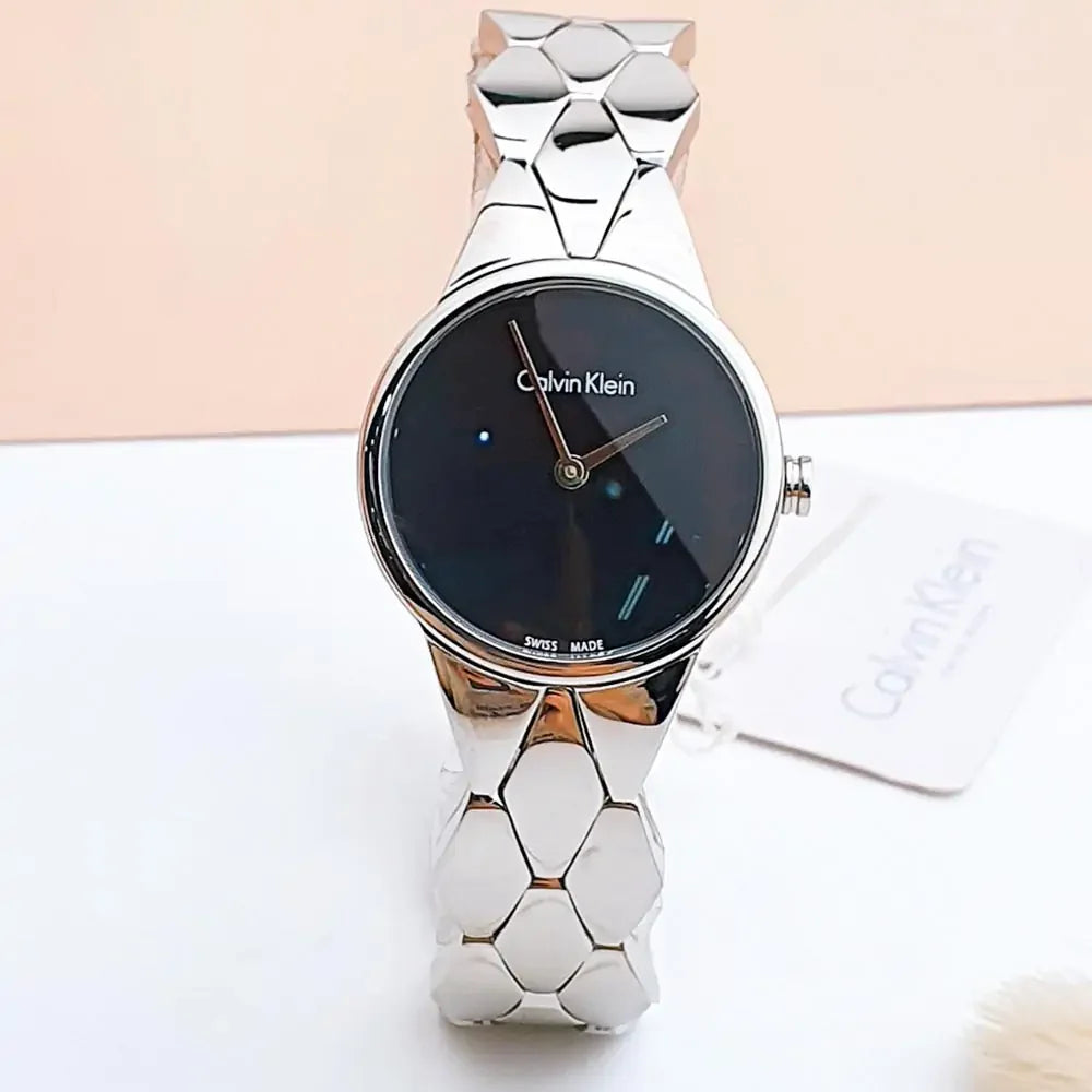  Shop Authentic Calvin Klein Snake Black Dial Silver Steel Strap Watch For Women - K6E23141 - Luxxuri