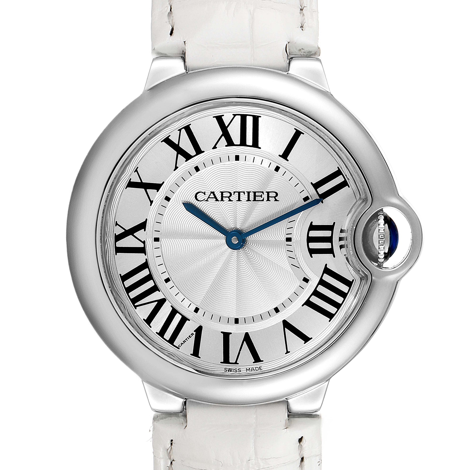  Shop Authentic Cartier Ballon Bleu de Cartier Silver Dial White Leather Strap Watch for Women - W6920087 - Luxxuri