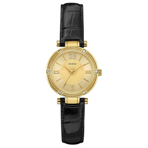  Shop Authentic Guess Park Avenue Quartz Gold Dial Black Leather Strap Watch For Women - W0838L1 - Luxxuri